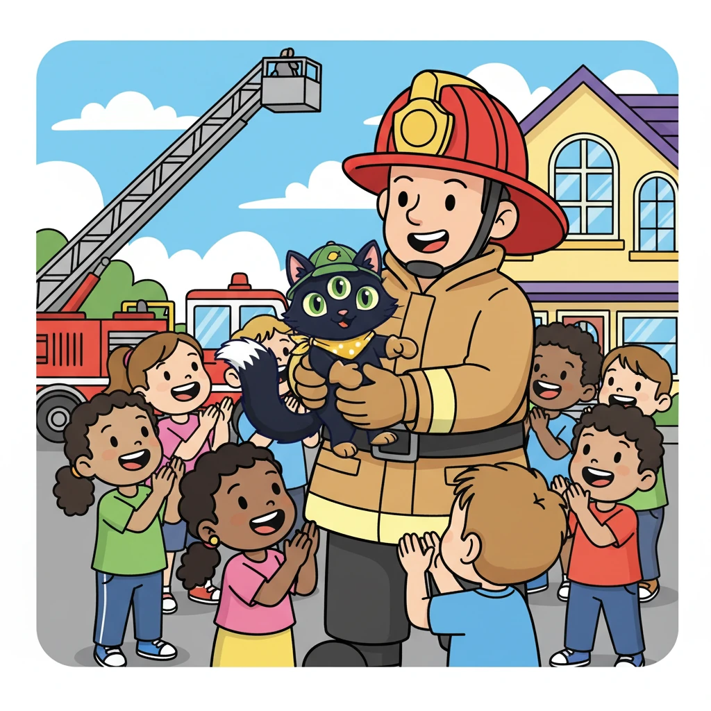 Back on the ground, Oliver was safe and sound. The children clapped and cheered, thrilled by the happy ending. Oliver, nestled in a kind firefighter's arms, purred contentedly, his three eyes gleaming.