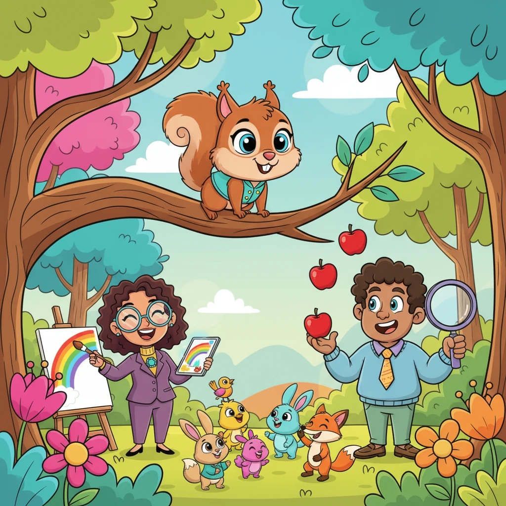Pip the squirrel lived in a forest bursting with color and chatter. She had the brightest eyes and the wiggliest nose, always curious about her friends. Pip loved to watch everyone, wondering what made each of them truly happy.
