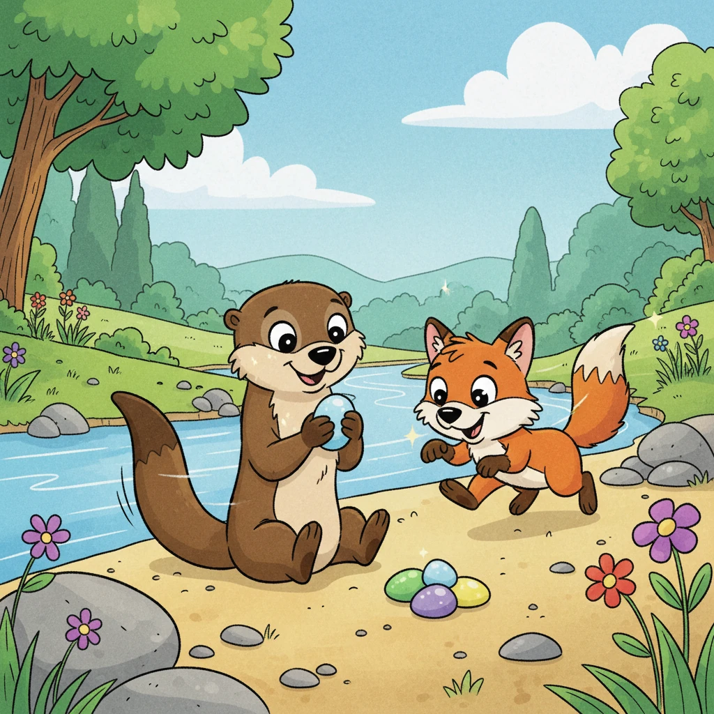 Pip scampered closer and saw Fiona's tail wag excitedly when she found a sparkling, smooth river stone. Fiona carefully added it to her small pile of treasures, her eyes shining. "Shiny pebbles are Fiona's happy clue!" Pip chirped.