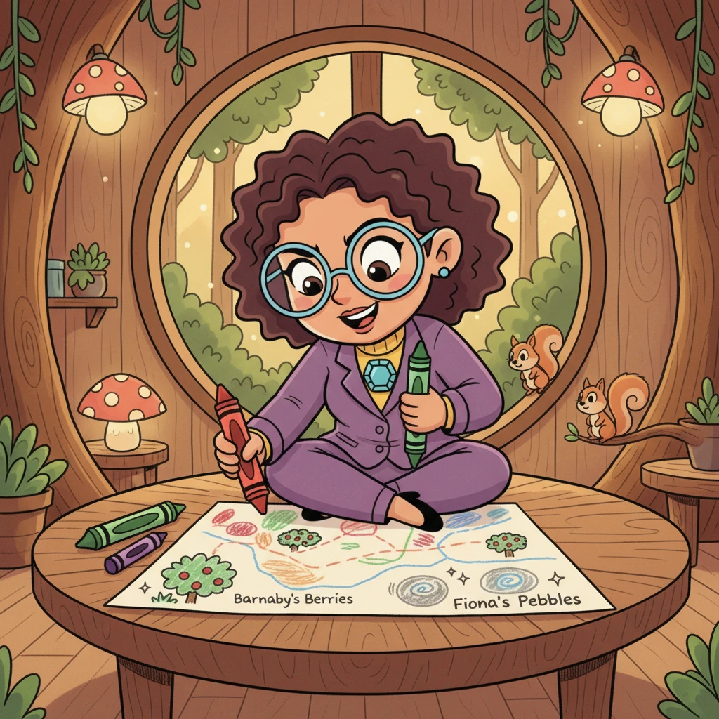 Back in her cozy tree home, Pip drew a "Forest Friends' Happiness Map" with colorful crayons. She marked Barnaby's favorite berry bushes and Fiona's best pebble-finding spots. Pip felt like a brilliant strategist!