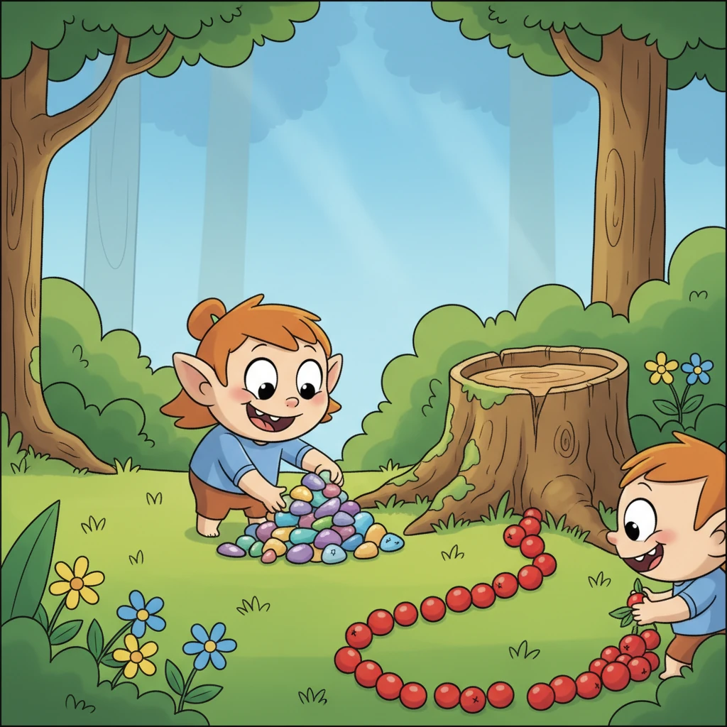 The next day, Pip put her plan into action. She left a trail of the juiciest berries leading straight to Barnaby and carefully arranged a sparkling pile of pebbles near Fiona's favorite collecting spot. Pip giggled with anticipation.