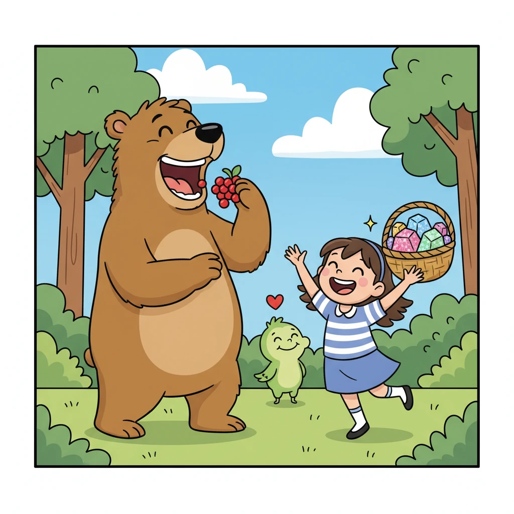 Barnaby let out a joyful roar as he munched on the berries, and Fiona danced with delight, her basket now overflowing with glittering stones. Their happy smiles were the biggest thanks Pip could ask for. Pip's heart swelled with joy.