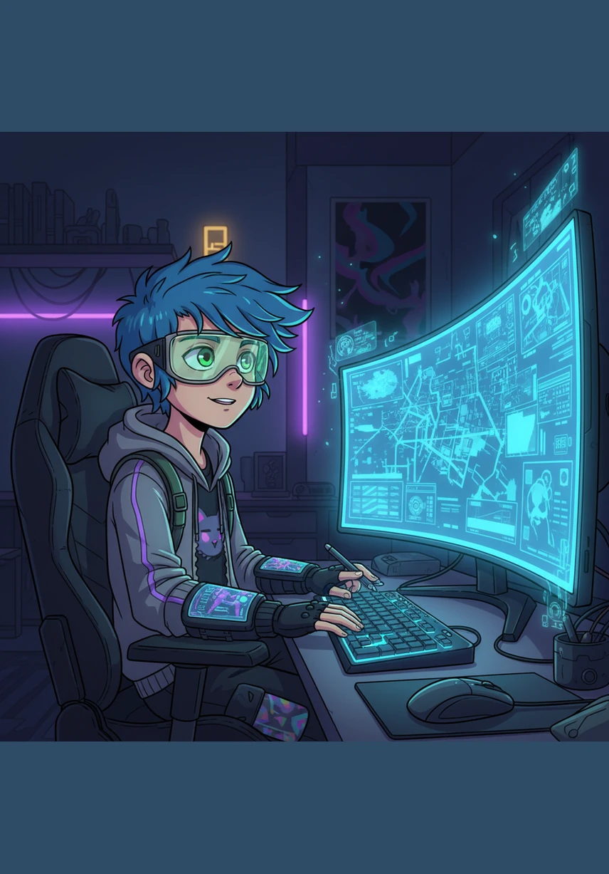 In the quiet comfort of a dimly lit room, young Alex sits perched in front of a large, glowing monitor. The soft blue light illuminates a face full of wonder as the vast world of the internet begins to unfold. For Alex, this solitary space is a sanctuary where every click leads to a new and exciting discovery.