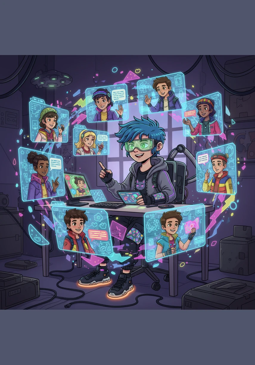 Through games and online communities, Alex meets a kaleidoscope of different personalities from all over the globe. These interactions act like building blocks, helping Alex piece together a unique and vibrant personality. Each digital friendship adds a new, colorful layer to the person Alex is becoming.