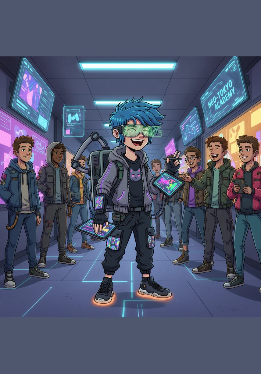 At school, Alex moves through the hallways with ease, chatting and laughing with many classmates. Though the friendships are pleasant, there is a lingering feeling of being on a different wavelength because their interests rarely align. Alex often daydreams about the digital landscapes and creative projects waiting back home.