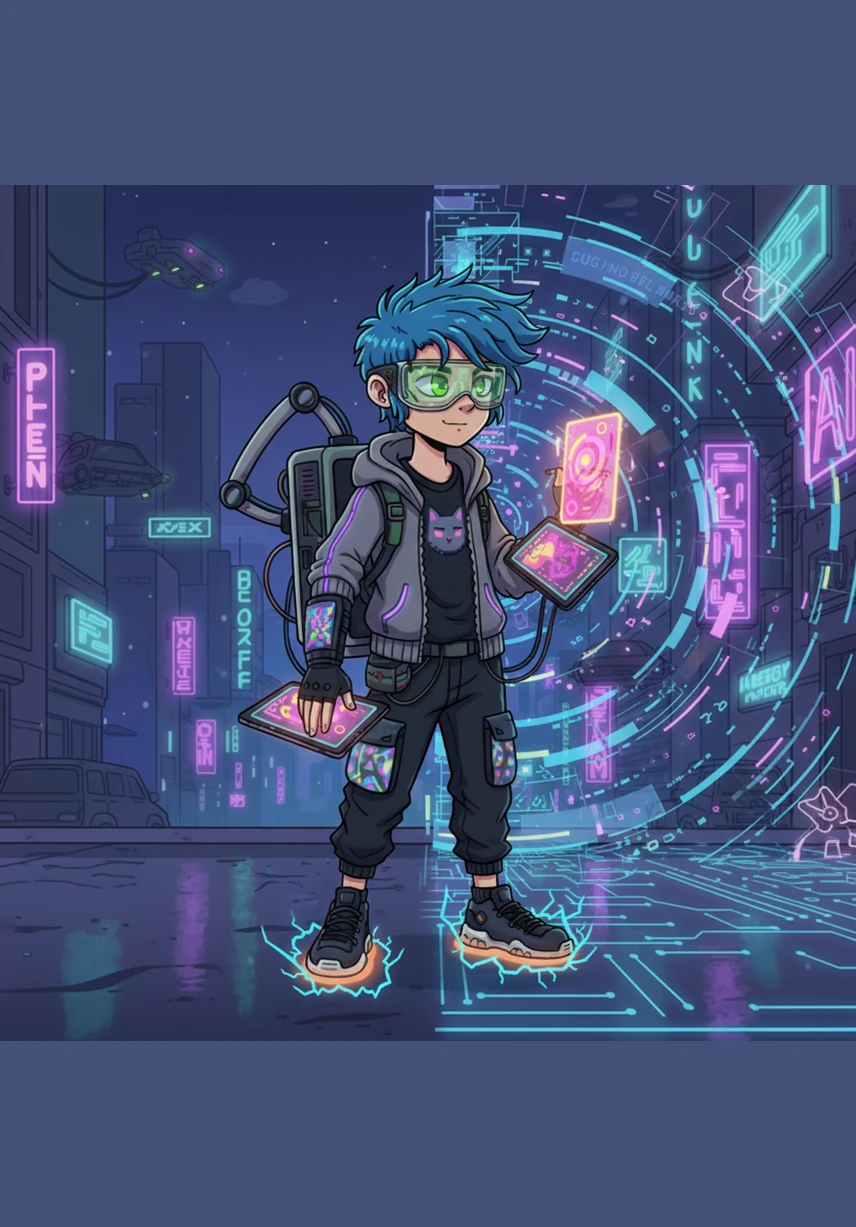 Standing at the intersection of the physical and digital worlds, Alex reflects on the journey of growing up online. With a calm and confident expression, Alex looks toward the future, hoping others will also learn to be careful and mindful. The internet is a powerful tool, best used by those who carry their own light into the digital world.