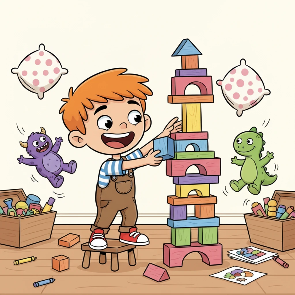 V Pepíčkově pokoji to vypadalo jako po výbuchu barevné bomby! Hračky tančily po zemi, polštáře létaly vzduchem a malý Pepíček, s úsměvem od ucha k uchu, se snažil složit tu nejvyšší věž z kostek, jakou kdy svět viděl. Jeho oči zářily nefalšovanou radostí z každého nového kousku nepořádku, který vytvořil.