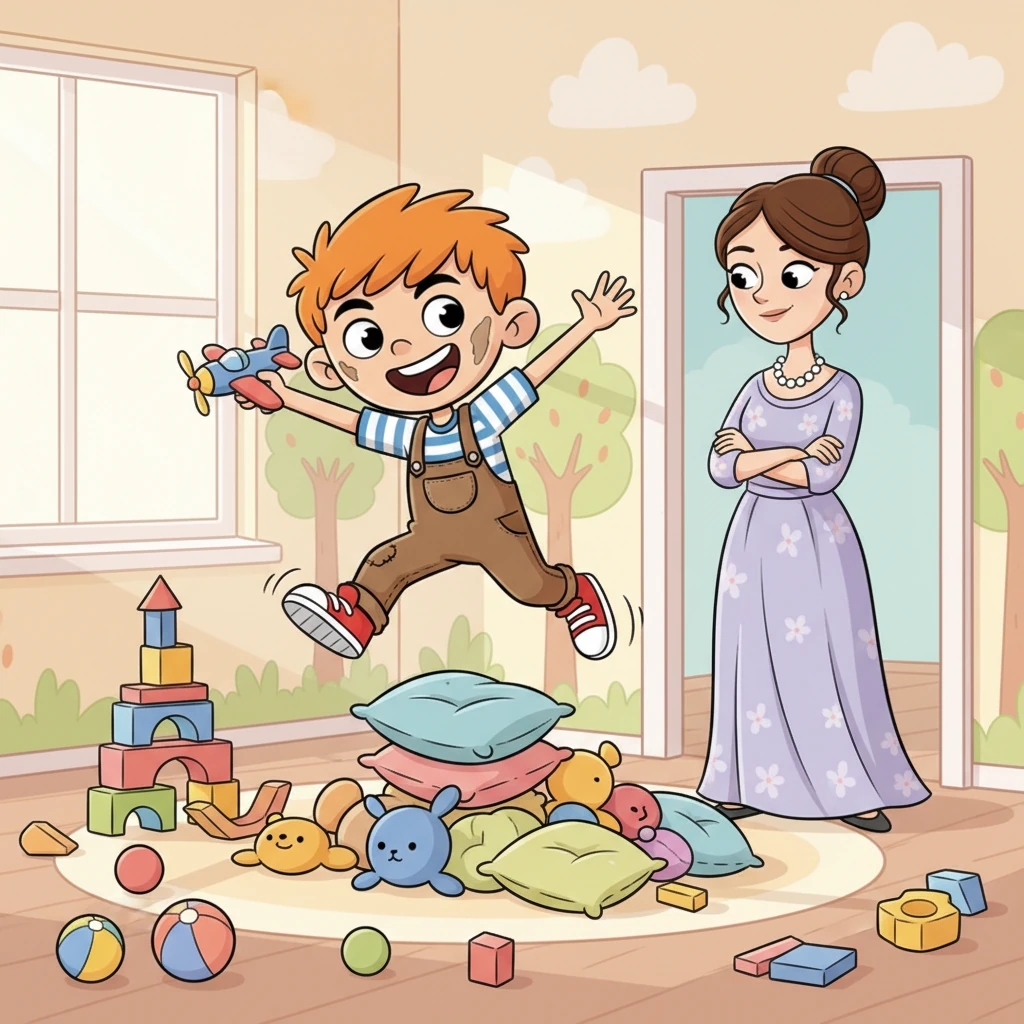 Do dveří vstoupila Slečna Růženka, jeho vychovatelka, elegantní a vždy klidná. Její pohled spočinul na chaosu, ale na jejích rtech se objevil jen drobný, chápavý úsměv. S rukama založenýma na hrudi a s jemně pozvednutým obočím pozorovala Pepíčkovo řádění, aniž by cokoli řekla.