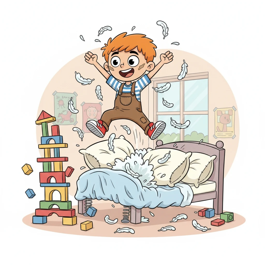 Pepíček, zcela pohlcený svým dílem, si jí vůbec nevšiml. S hlasitým "Hůrá!" skočil na postel, která se okamžitě proměnila v trampolínu, a z rozcuchaných polštářů se začaly sypat peříčka jako sníh. Jeho věž z kostek se s rachotem zřítila, ale Pepíčkovo nadšení neznalo mezí.