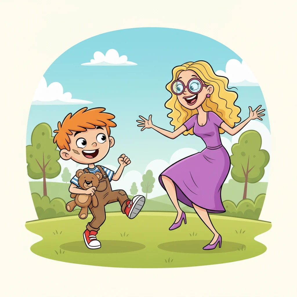 Pepíček, který byl nejprve zmatený, se nemohl ubránit smíchu. Její pohyby byly tak praštěné a zábavné, že se mu brzy koutky úst roztáhly do širokého úsměvu. Opatrně se k ní přidal, snažil se napodobit její legrační kroky s malým plyšovým medvídkem v ruce.