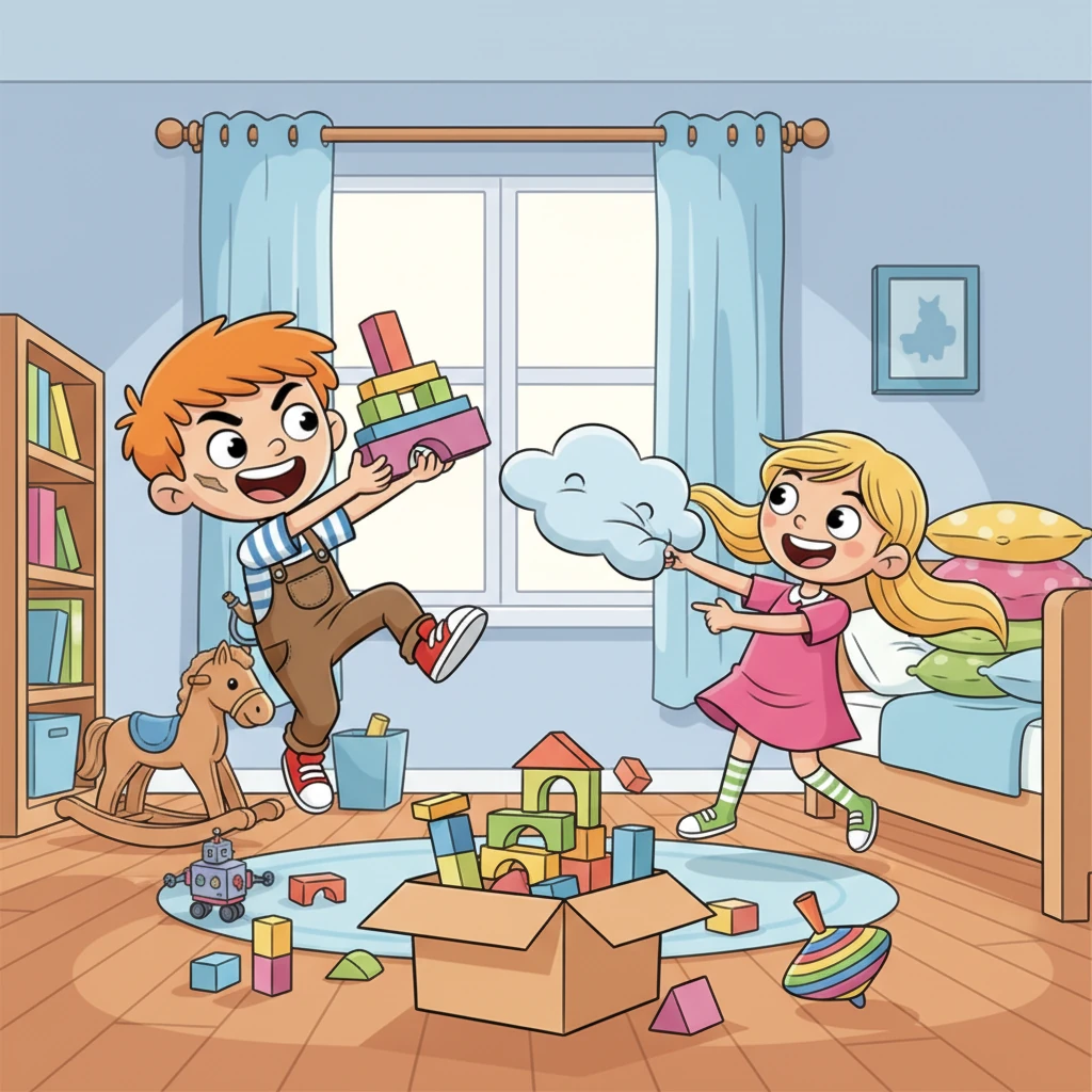 Uklízení se proměnilo v divokou soutěž. Kdo rychleji složí kostky do krabice? Kdo udělí polštářům "přistání na měkký obláček"? Pepíček a Slečna Růženka se smáli a závodili, zatímco pokoj se pomalu vracel do pořádku, každý kus nábytku se zdál být součástí jejich hravého dobrodružství.