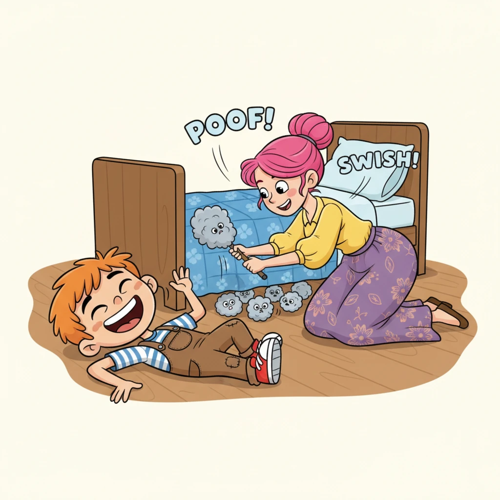 A pak přišel čas na "velký trest"! Slečna Růženka vzala do ruky pírkovou metličku. S dramatickým zvoláním: "Přichází Požírač prachových zajíčků 5000!" začala hravě "plácat" prachové zajíčky pod postelí, vydávajíc legrační zvuky "PUF!" a "ŠUP!". Pepíček se válel smíchy po zemi, protože věděl, že je to jen další zábavná část hry.