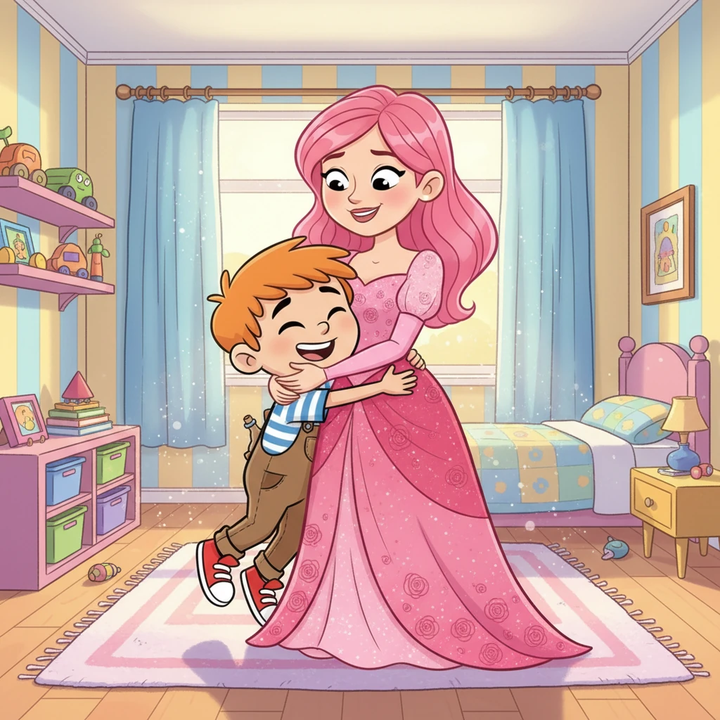 Pokoj byl rázem jako ze škatulky, zářil čistotou a barvami. Pepíček, unavený, ale šťastný, si uvědomil, že uklízení může být stejně zábavné jako hraní. Přiběhl ke Slečně Růžence a objal ji pevným medvědím objetím, vděčný za tuto kouzelnou lekci.