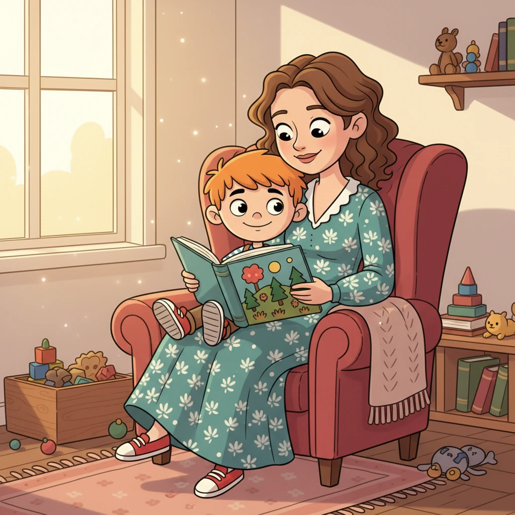 Společně si pak sedli do křesla, které už nebylo zavalené hračkami, a četli si z velké obrázkové knihy. V pokoji zavládl klid a pohoda, a mezi Pepíčkem a Slečnou Růženkou se vznášelo tiché porozumění, které říkalo víc než tisíc slov.