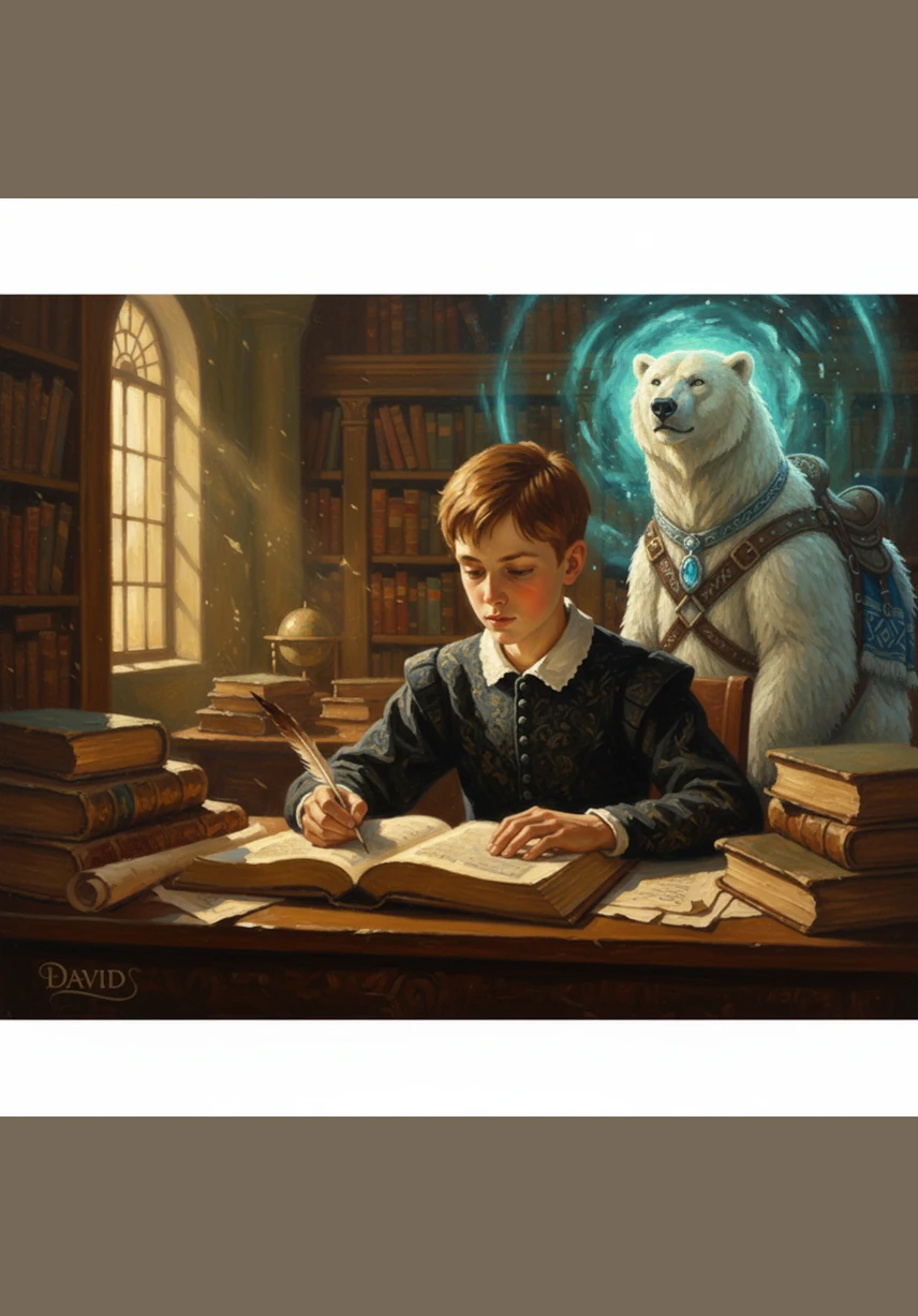 David stă la biroul său luminat de o lampă caldă, deschizând cu emoție două cărți magice: Fram Ursul Polar și Nepotul Magicianului. Pe prima pagină a proiectului său, el scrie cu mândrie titlul Școlarul dintre două lumi și numele autorului, Baracu David, sub ilustrațiile celor două universuri.