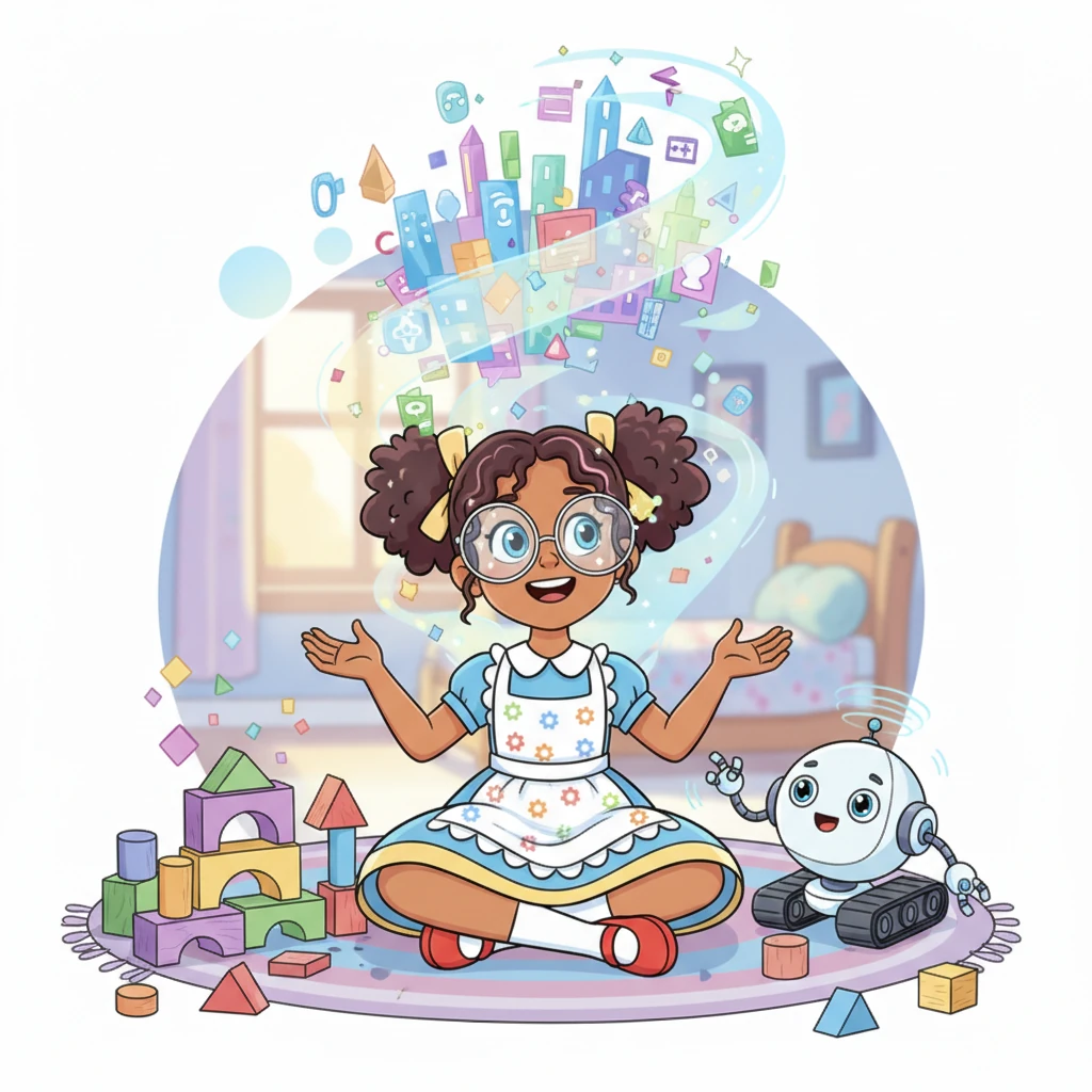 Dotty Digital, a bright-eyed girl with a sparkle in her spectacles, sat amidst a pile of colorful building blocks and a big, dreamy smile. She imagined a wondrous place where all her ideas could live and play, a magical online world she would build herself, piece by digital piece. Her little pet robot, Gizmo, whirred excitedly beside her, ready to help.