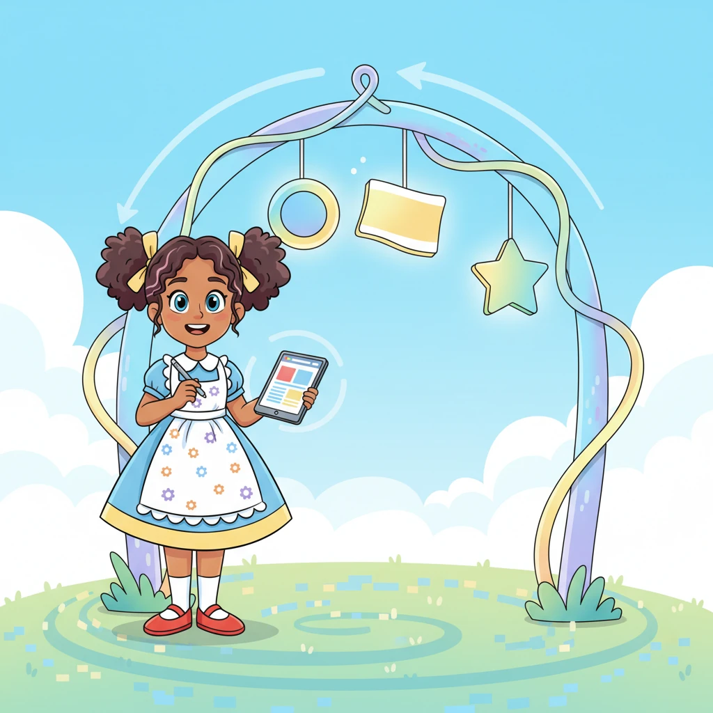 First, Dotty designed the grandest entrance imaginable! She drew a magnificent archway, like a header, with shimmering signposts for "Home," "About Me," and "Fun Stuff" – her navigation menu. This entrance would magically adjust its size, whether seen from afar or up close, welcoming everyone with a cheerful glow.