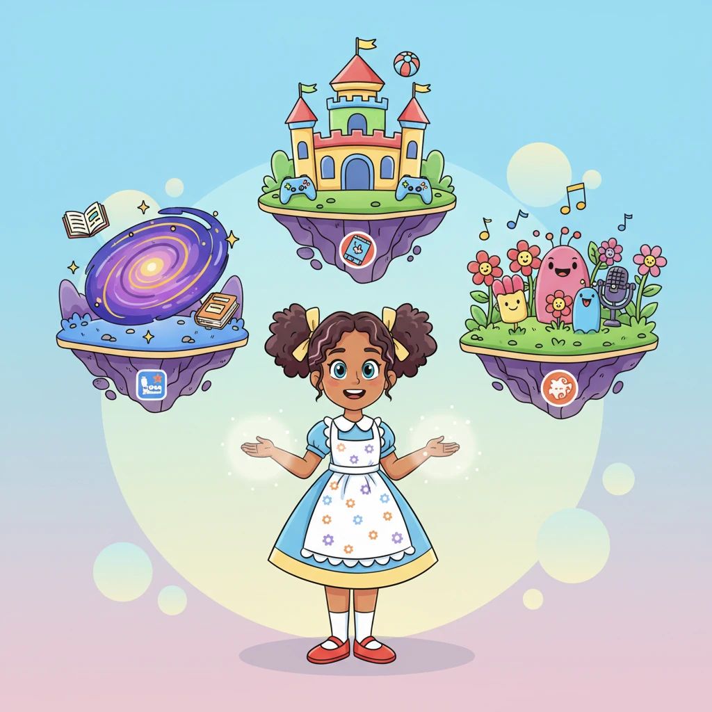 Dotty then crafted "Idea Islands," colorful floating platforms, each showcasing a different amazing creation. One island held a swirling galaxy of stories, another a bouncy castle of games, and a third, a garden of silly songs. These service cards floated gracefully, inviting visitors to discover every unique offering.