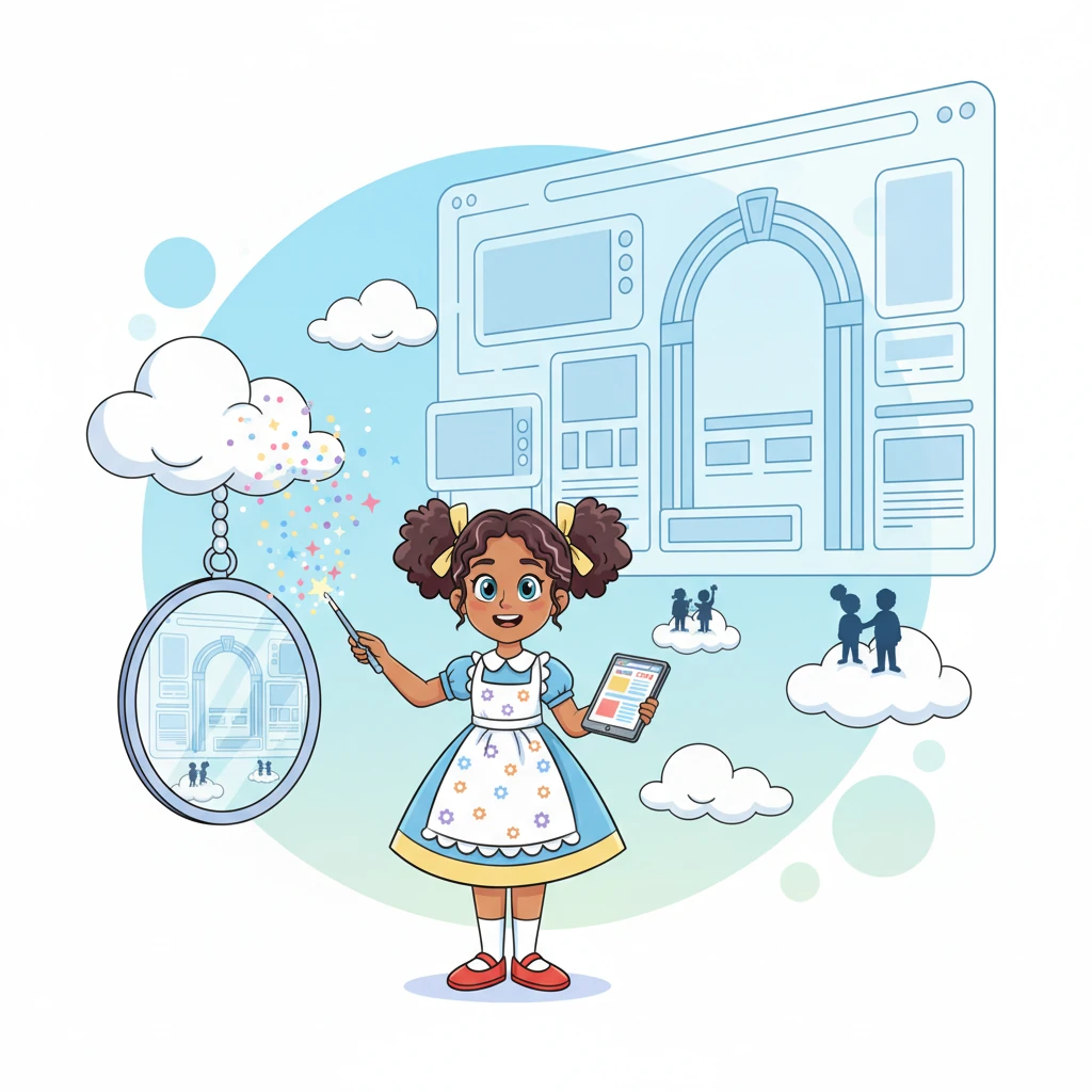 With a flick of her magic wand, Dotty made her entire world "Shrink and Grow"! The magnificent archway, the floating islands, and the bouncy hero section perfectly rearranged themselves, whether viewed on a giant cloud screen or a tiny dewdrop mirror, ensuring everyone had the best view.