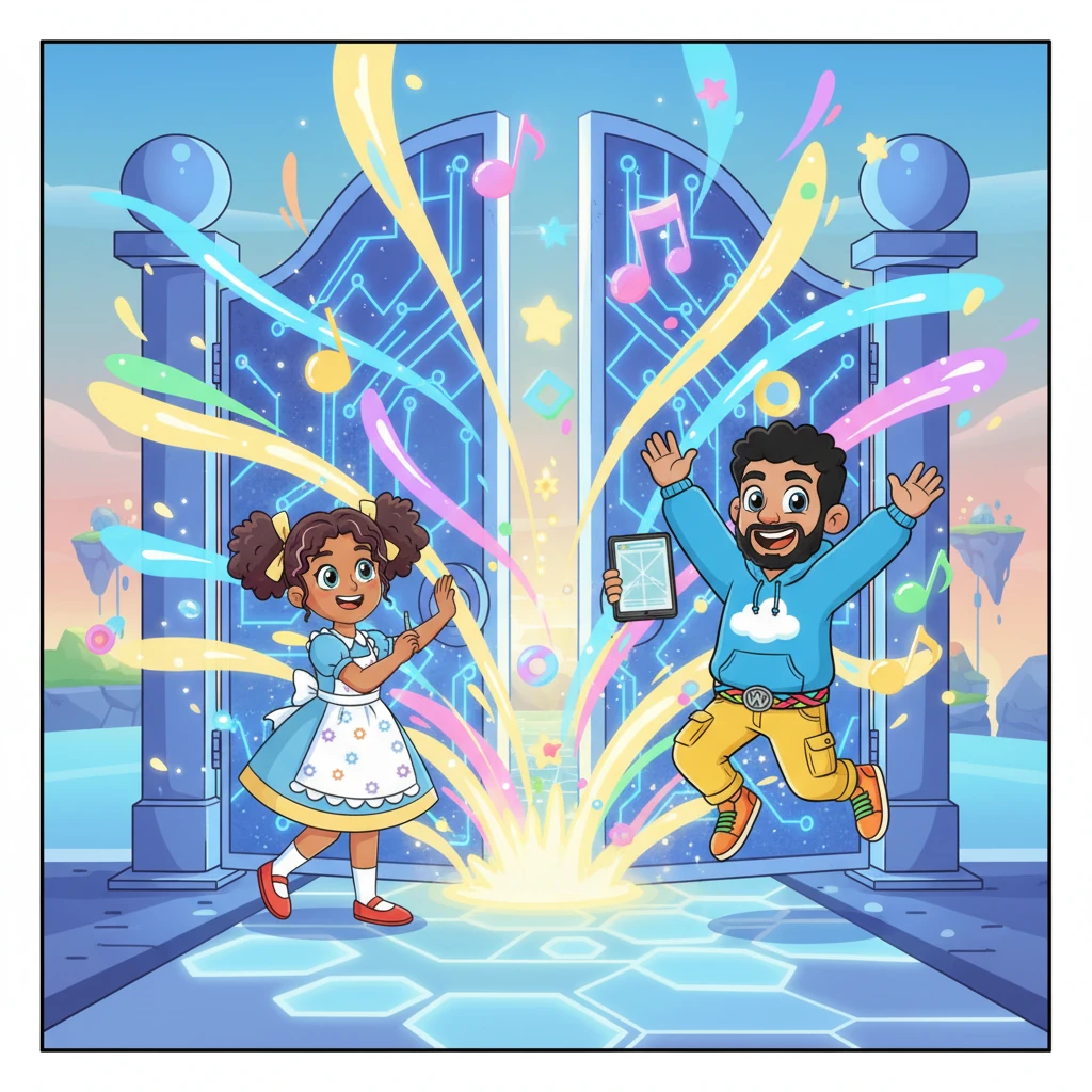 The day finally arrived! Dotty, with Gizmo cheering beside her, proudly opened the shimmering gates to her completed online world. Bright lights burst forth, and a chorus of joyful music filled the air, announcing that her dream was now a vibrant reality for all to enjoy.