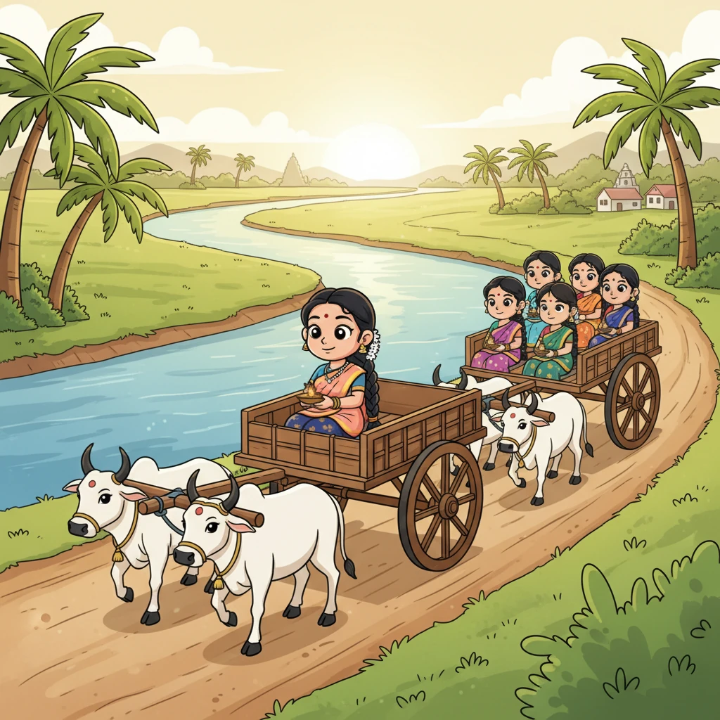 மறுநாள் காலை, கனவின் பொருளை உணர்ந்த இரு குழுக்களும் ஒன்றிணைந்தனர். ஒரு குழுவில் ஒரு கன்னிப் பெண்ணும், மற்றொரு குழுவில் ஆறு கன்னிப் பெண்களும் இருந்தனர். ஏழு இளம் பெண்களும் மாட்டு வண்டிகளில் அமர்ந்து, தெய்வீக ஆற்றல் நிறைந்த கொள்ளிடம் ஆற்றங்கரையை நோக்கி, நம்பிக்கையுடனும் பக்தியுடனும் தங்கள் பயணத்தைத் தொடங்கினர்.