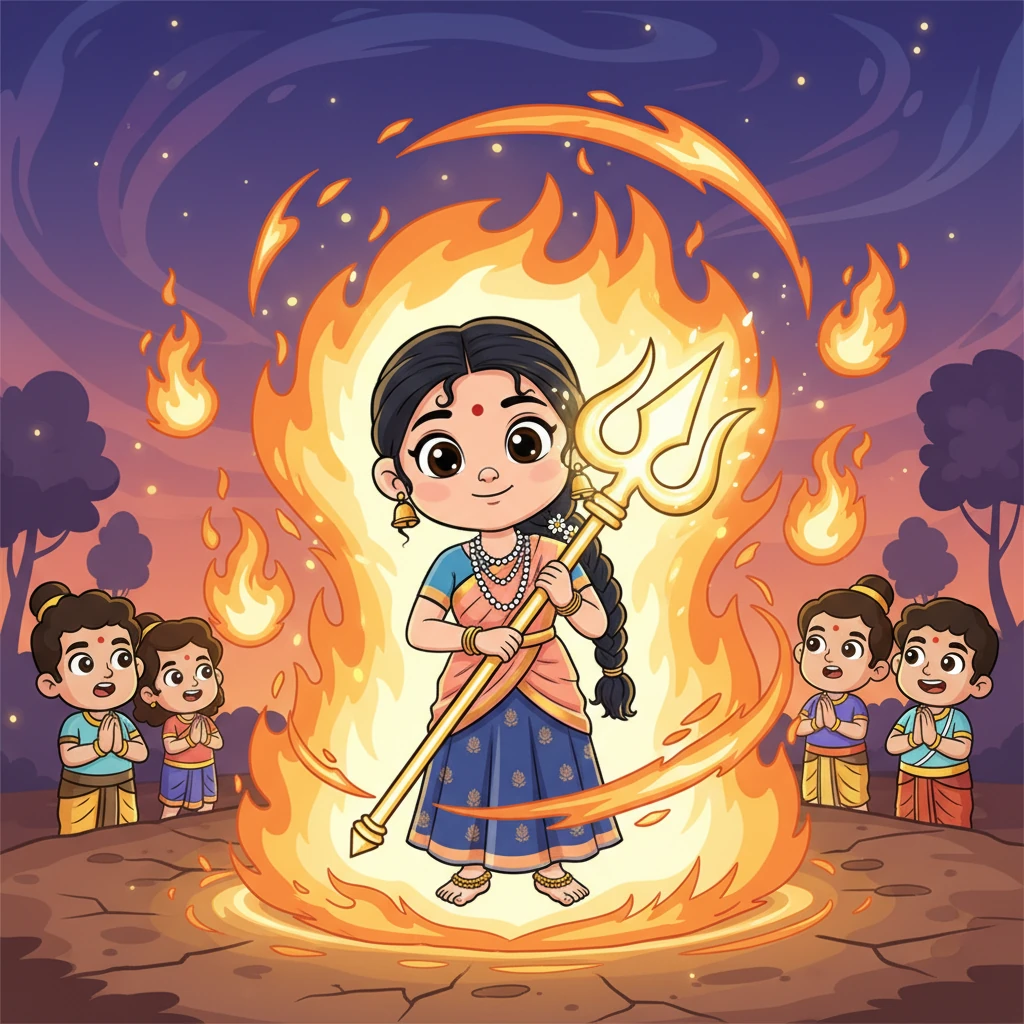 அப்போது ஒரு அற்புதமான காட்சி அரங்கேறியது: ஒரு வைணவ சமூகத்தைச் சேர்ந்த பெண், அக்னியின் நடுவே நின்று, மெதுவாக ஒரு பிரகாசமான சூலாயுதமாக உருமாறினாள். அந்த அக்னி ஜுவாலைகள் அவளைச் சுற்றிலும் நடனமாட, அவள் தெய்வீக சக்தி கொண்ட சூலாயுதமாக மாறி, அனைவரின் கண்களையும் கவர்ந்தாள். இது ஒரு சாதாரண நிகழ்வு அல்ல, ஒரு மகத்தான தெய்வீக அவதாரம் என்பதை அனைவரும் உணர்ந்தனர்.