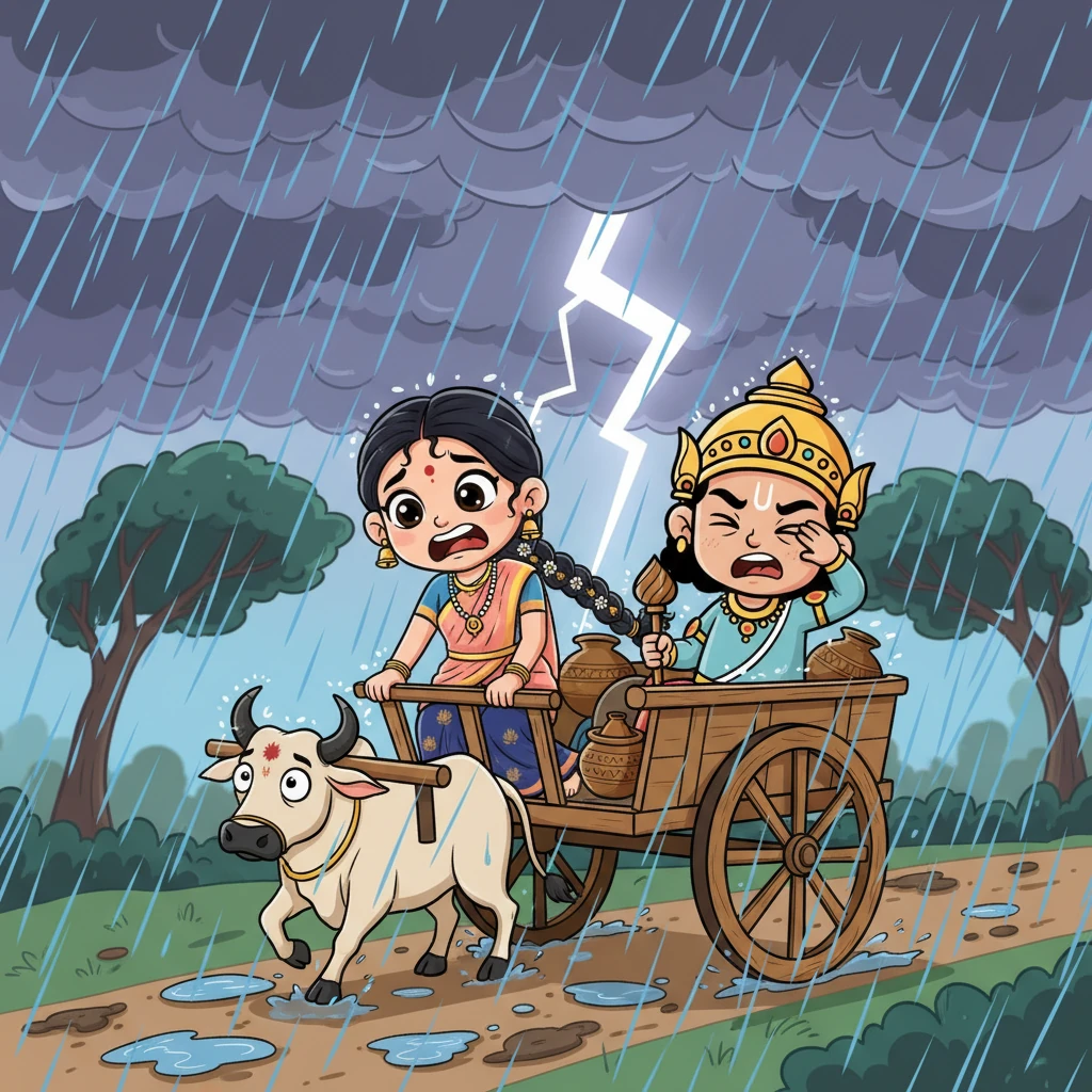 திரும்பும் வழியில், அமைதியான வானம் திடீரென சீற்றம் கொண்டது. கடும் மழை, பயங்கர இடிமின்னல், மற்றும் புயல் ஆகியவை அவர்களைத் தாக்கின. மாட்டு வண்டிகளும், பயணிகளும் இயற்கையின் சீற்றத்தில் நிலைகுலைந்தனர், அவர்களின் மனங்களில் ஒருவித அச்சம் சூழ்ந்தது.