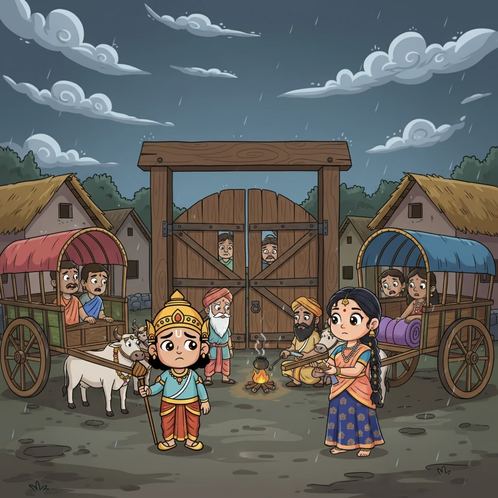 அவர்கள் உதவி தேடி அருகில் உள்ள ஒரு கிராமத்திற்குச் சென்றனர். ஆனால், கிராம மக்கள் புயலின் அச்சத்தால் கதவுகளை அடைத்து, அவர்களுக்குப் பாதுகாப்பளிக்க மறுத்தனர். நிராதரவான நிலையில், குழுவினர் தங்கள் மாட்டு வண்டிகளைச் சுற்றி வைத்து, ஒரு தற்காலிகக் கோட்டையைப் போல அமைத்துக் கொண்டனர்.