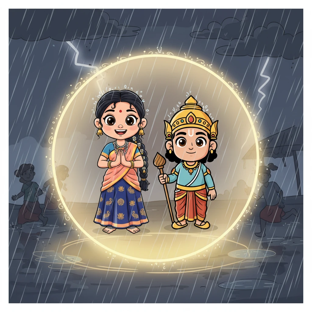 அப்போது அங்கே ஒரு மாபெரும் அற்புதம் நிகழ்ந்தது: அந்த வட்டத்திற்குள் ஒரு துளி மழை கூட விழவில்லை. வெளியூர் முழுவதும் மழை கொட்டித் தீர்க்க, வட்டத்திற்குள் இருந்தவர்கள் சூடாமல் சுவாமியின் அருளால் புயலின் சீற்றத்திலிருந்து பாதுகாக்கப்பட்டனர். இது தெய்வத்தின் நேரடி அருள் என்பதை அவர்கள் உணர்ந்து, பக்திப் பரவசத்தில் ஆழ்ந்தனர்.