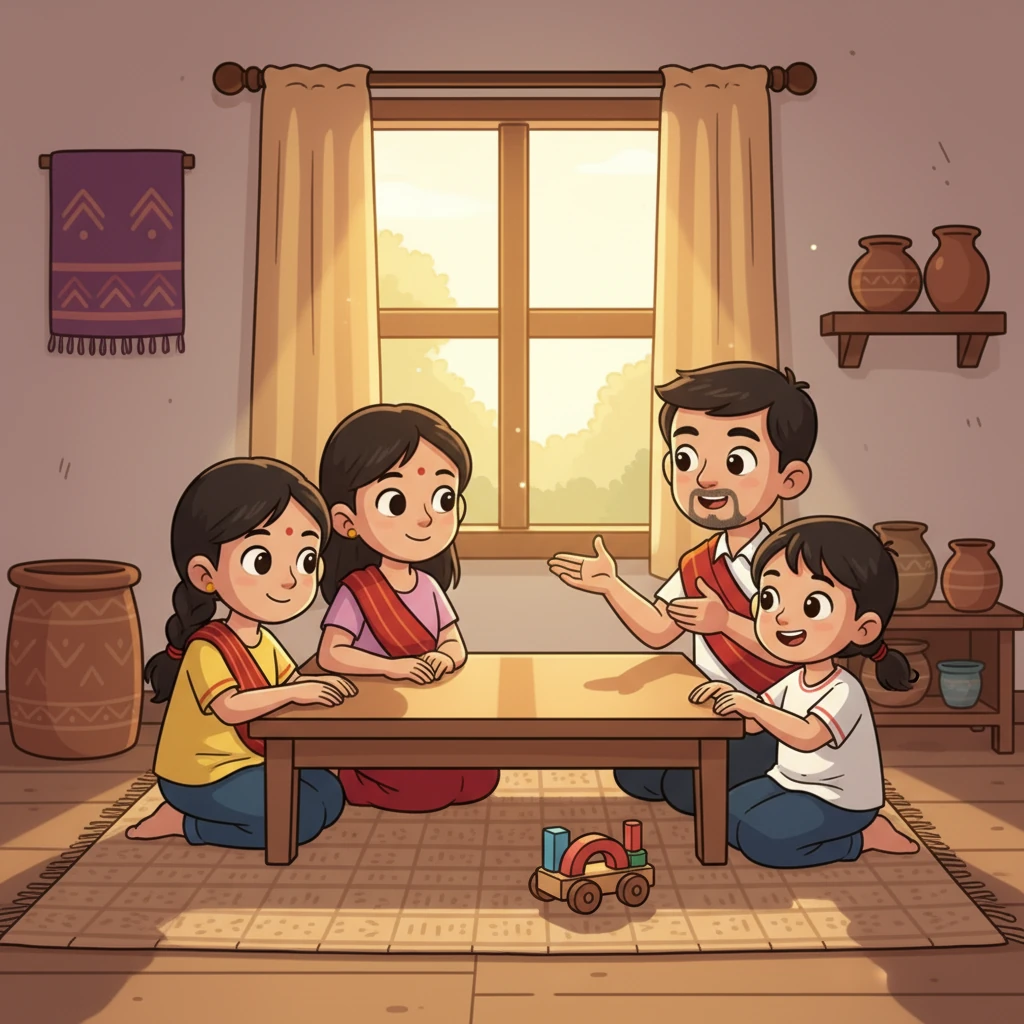 A cozy Mizo home, sunlight streaming through a window, illuminating a family gathered around a table. Little Lalruat Kima, with bright curious eyes, sits between his two older sisters, listening intently to his parents. His younger brother is playing with a toy on the floor nearby.