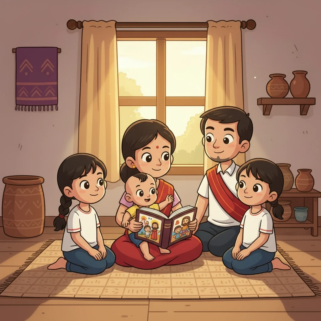 Lalruat Kima, as a very young boy, is sitting on his mother's lap. She is holding an open Bible, pointing to colorful pictures as she tells him a story about Jesus. His father and siblings are also listening with gentle smiles.