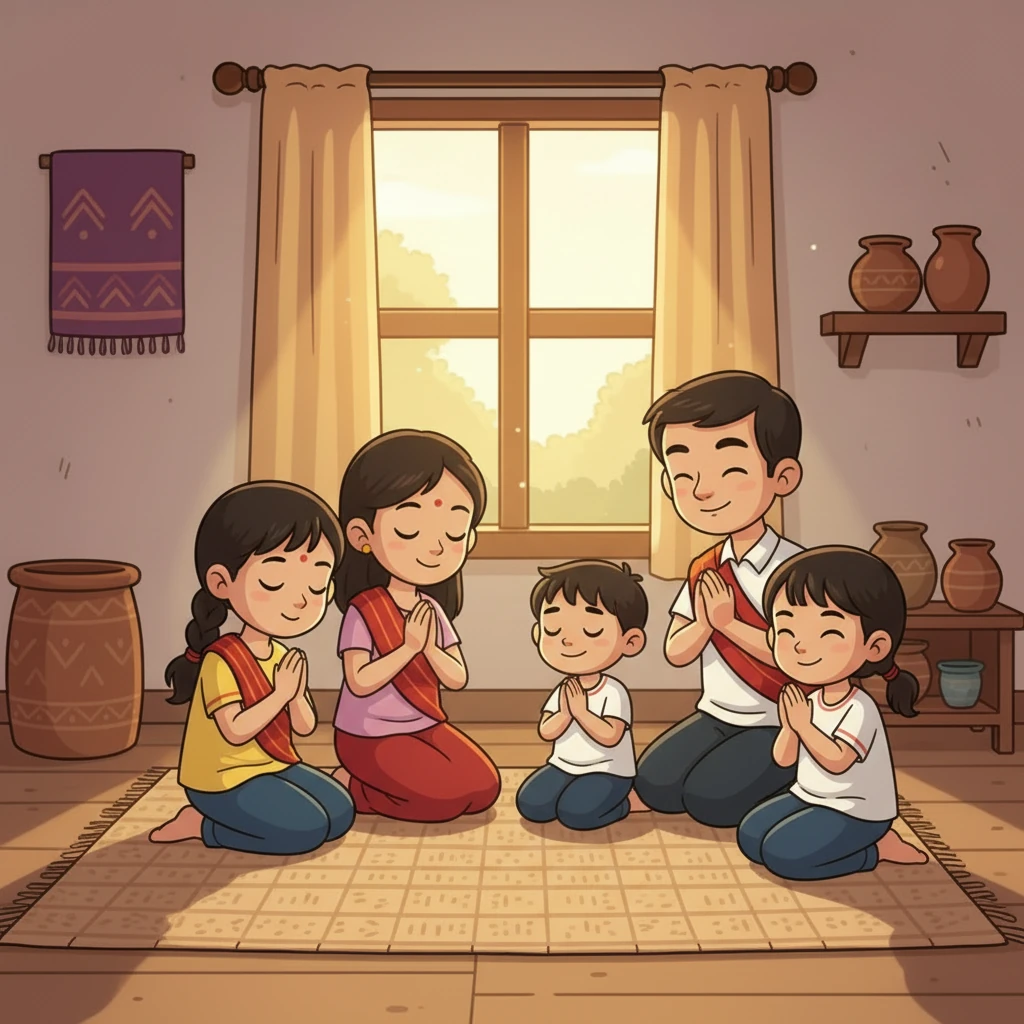 The family is kneeling together in prayer, their heads bowed. Lalruat Kima, with his eyes squeezed shut, mimics his family, a peaceful expression on his face. The scene feels warm and serene, emphasizing their shared faith.