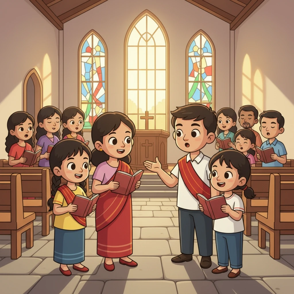 Lalruat Kima and his sisters are singing hymns in church, their voices joyful. The church is filled with other Mizo community members, all singing together, creating a harmonious and uplifting atmosphere. Lalruat Kima holds a small hymn book, trying to follow along.