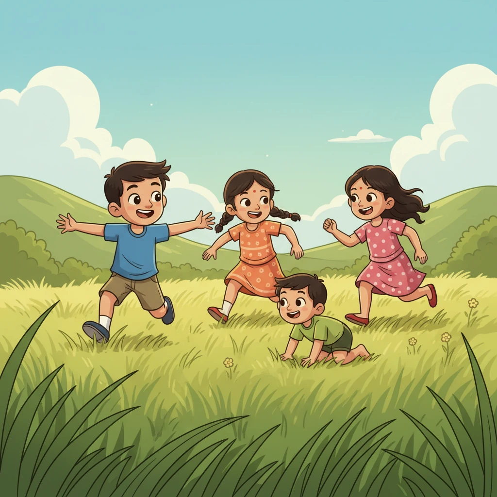 Lalruat Kima is playing a lively game with his two elder sisters and younger brother in a lush green Mizo village. They are laughing and running, showcasing their close bond and the fun they have together. The surrounding hills are visible in the background.