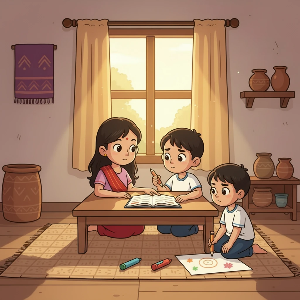 One of Lalruat Kima's elder sisters is gently helping him with his homework. She patiently explains a problem, while Lalruat Kima looks up at her with admiration and understanding. His younger brother is drawing nearby.