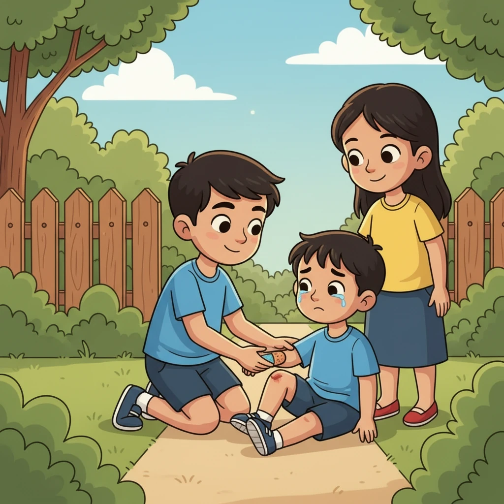 Lalruat Kima is comforting his younger brother, who has scraped his knee. He offers a small, colorful bandage, while his elder sister looks on with a caring expression. This shows his developing empathy and the protective nature of his siblings.