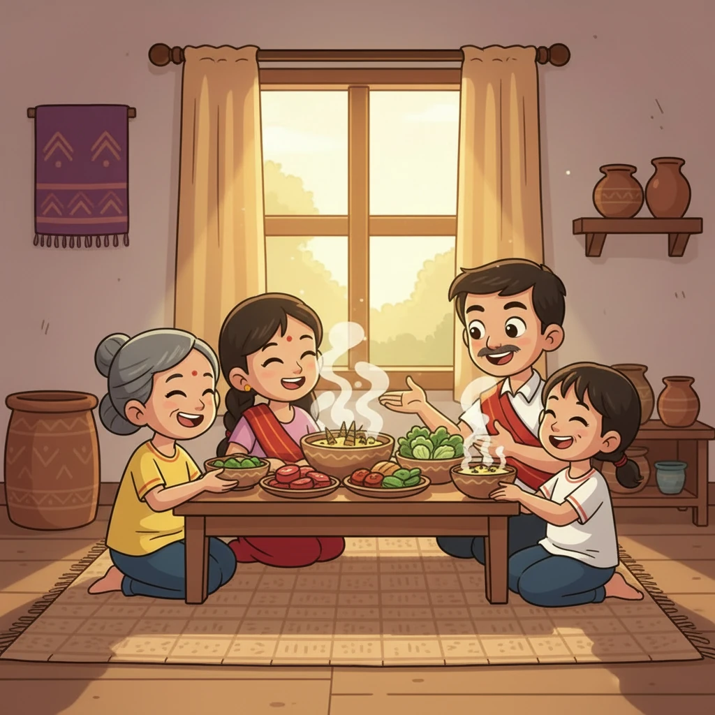 The entire family is gathered for a festive Mizo meal. They are all smiling and enjoying each other's company, sharing food and laughter. The table is laden with traditional dishes, highlighting their rich cultural heritage.