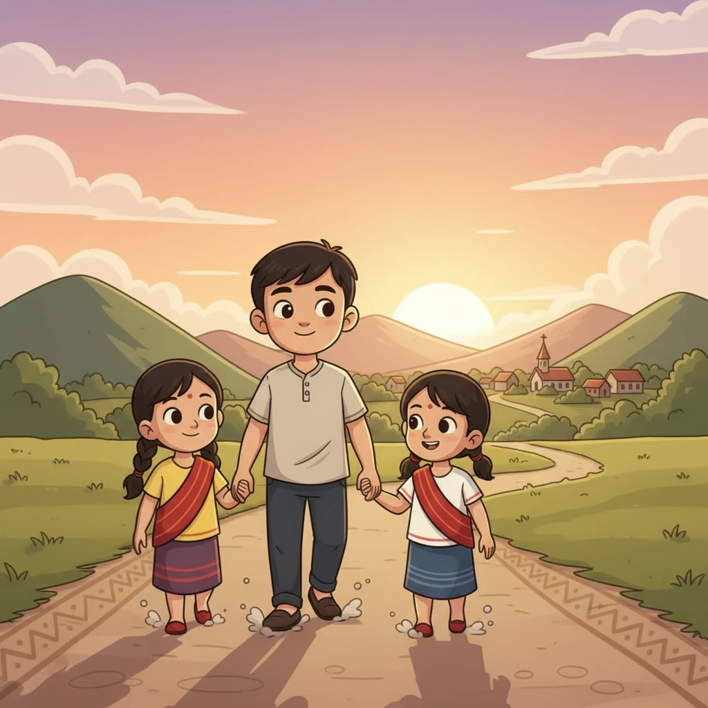 Lalruat Kima, now a little older, is walking hand-in-hand with his siblings through a beautiful Mizo landscape, perhaps heading to church or a community gathering. The sun is setting, casting a warm glow, symbolizing a future filled with faith, love, and family.