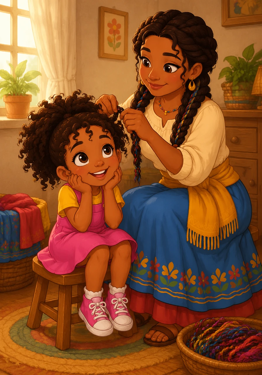 One cozy morning, little five-year-old Nala sat on her stool, watching carefully as her mother, Mama Elise, twisted colorful threads into beautiful braids.