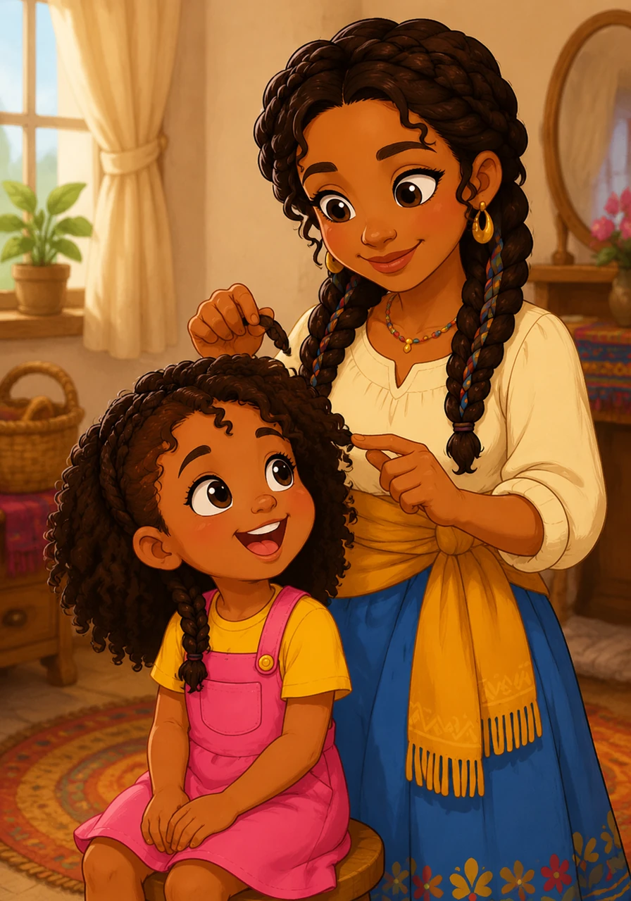 Elise finished the last plait, then looked at Nala's own messy curls. 'Maybe it's time you learned how to braid too, my little bird!' she said.