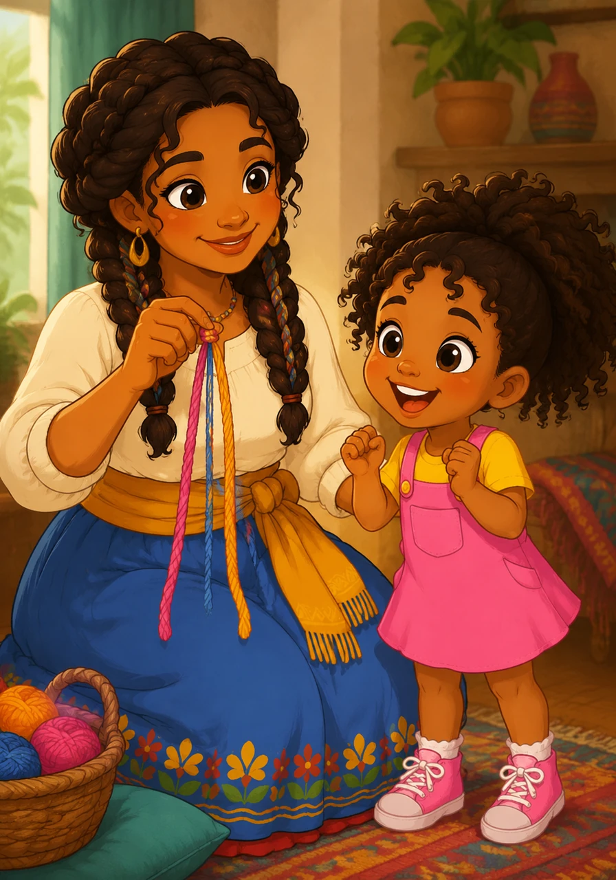Nala bounced excitedly. Elise gathered some colorful yarn and tied three strands together. 'First, we'll practice with this! The secret is three!' she explained.