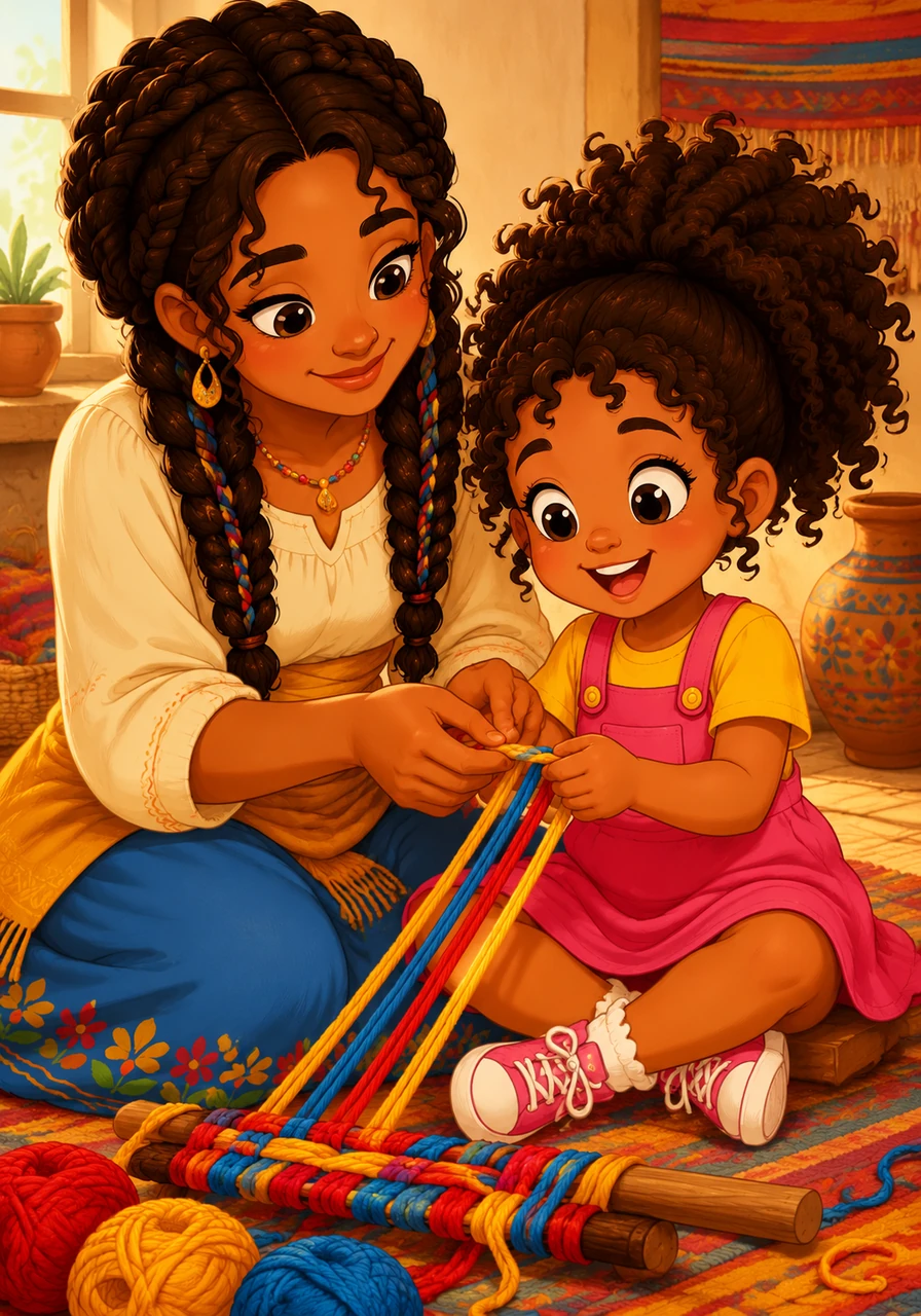 Elise gently placed the yarn in Nala's small hands, showing her how to separate the red, yellow, and blue strands. 'The blue goes over the yellow, and the red over the blue... like weaving!'