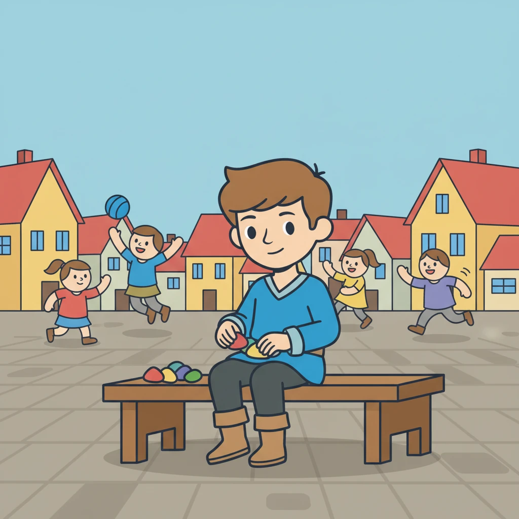 Milo, a small boy with a bright blue tunic, sits quietly on a simple wooden bench in the bustling village square. Flat, geometric houses with bold red roofs and yellow walls line the square. Other children, depicted as simple, rounded figures, play lively games of catch with a perfectly circular ball in the background. Milo watches them, his own collection of colorful pebbles neatly arranged beside him.