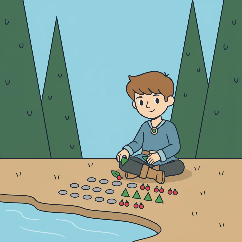 Milo retreats to his favorite secret spot by the village stream, a quiet corner framed by tall, triangular green trees. Here, he carefully lays out his treasures: smooth grey stones, perfectly cut green leaves, and vibrant red berries. The stream flows as a clean, wavy blue line, reflecting the crisp, clear sky.