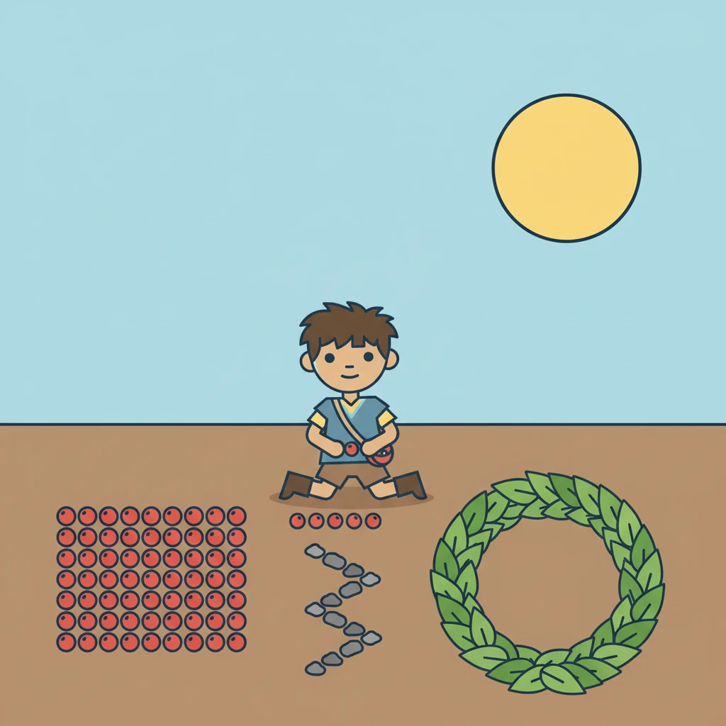 On the flat, earthy ground, Milo meticulously arranges his collected items into abstract, geometric patterns. A bold yellow sun hangs in the minimalist sky. He creates a perfect square of red berries, a zigzag line of grey stones, and a large circle of green leaves, all outlined sharply.