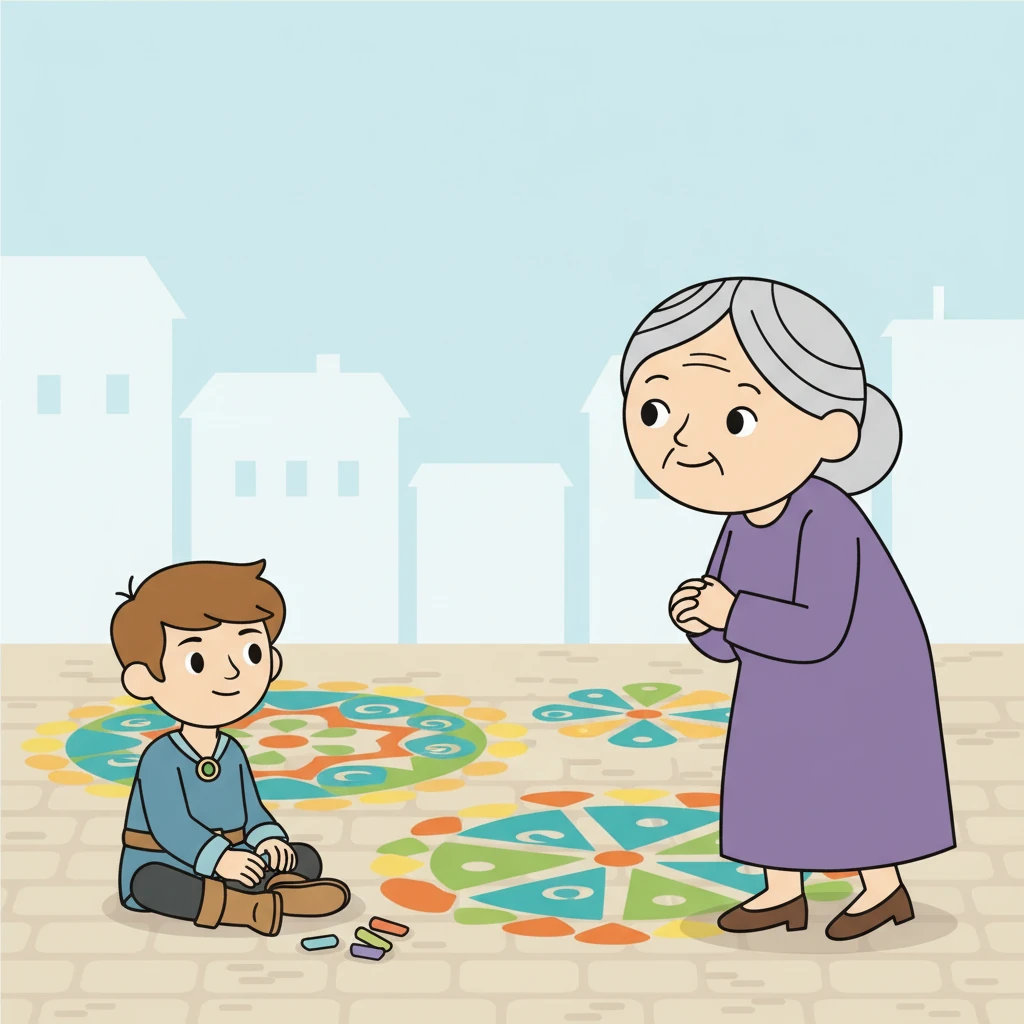 An elderly woman, her face a kind, simple oval with two dot eyes, her dress a solid purple, walks past Milo's spot. She stops, noticing the intricate, colorful patterns Milo has created. Her eyes, two small black dots, widen slightly with curiosity and a gentle smile forms on her face, a simple curved line.