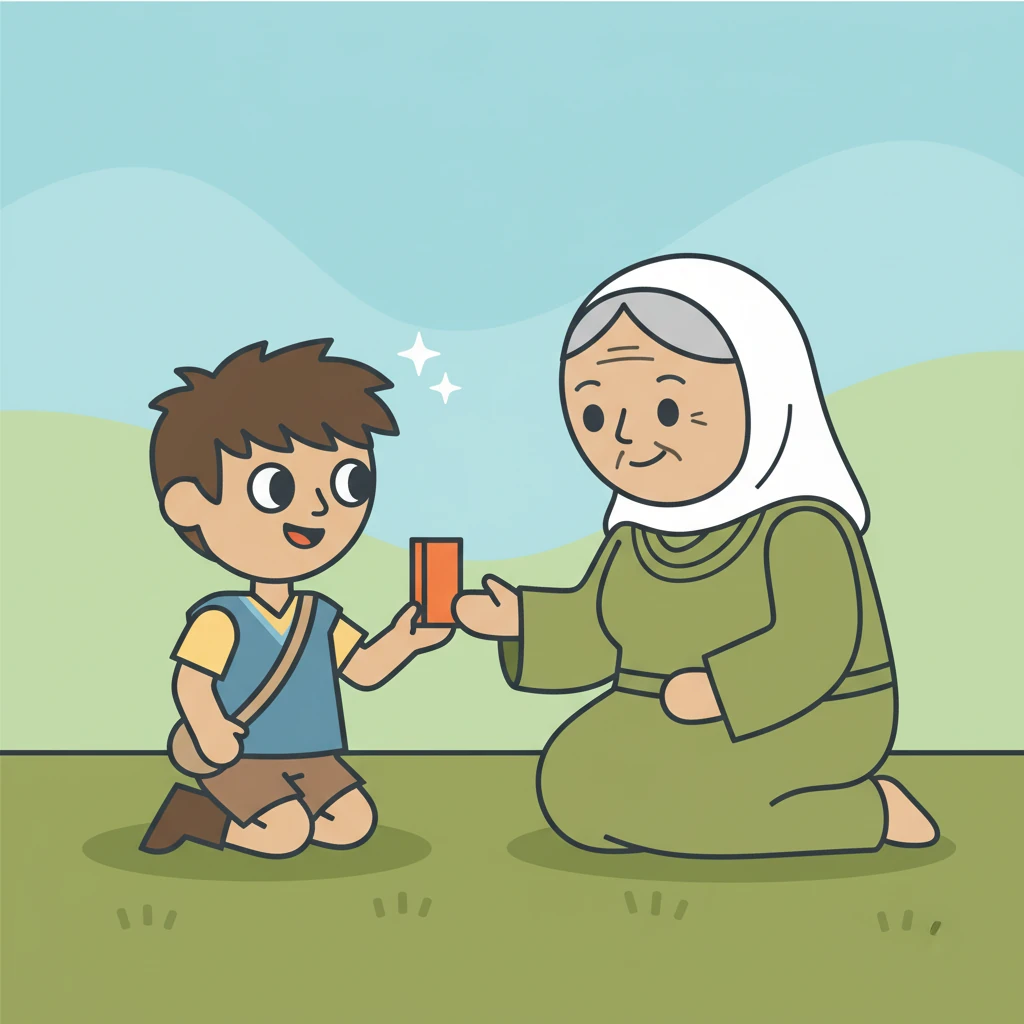 The elder kneels beside Milo, her hand, a simple rounded shape, offering him a small, smooth wooden block painted a vibrant orange. She gives a warm, encouraging nod. Milo's eyes, two wide, excited circles, look from the block to her kind face, a spark of inspiration igniting within him.