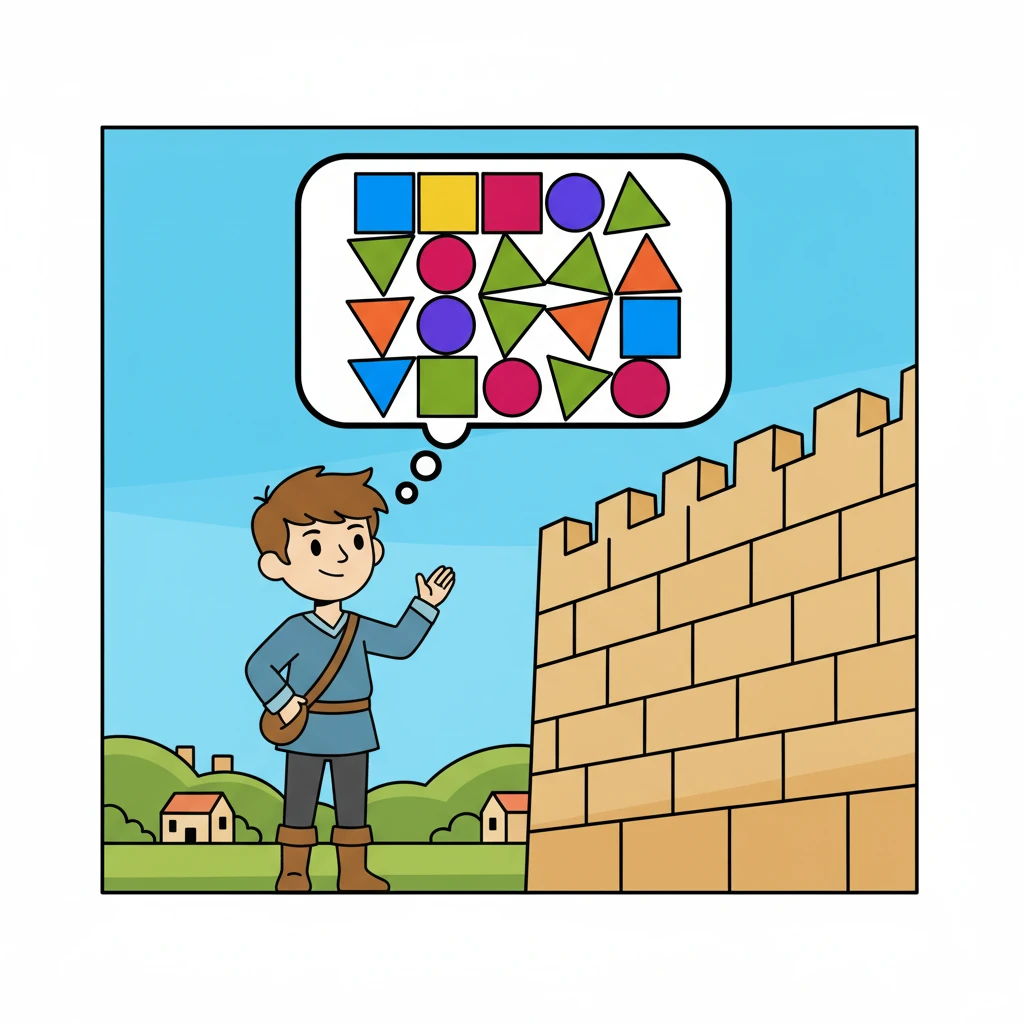 Filled with a new purpose, Milo imagines a grand creation. He pictures a large, colorful mosaic covering the village wall. Geometric shapes of various colors – squares, triangles, and circles – float in his mind, depicted as a thought bubble above his head, rendered in bold outlines.