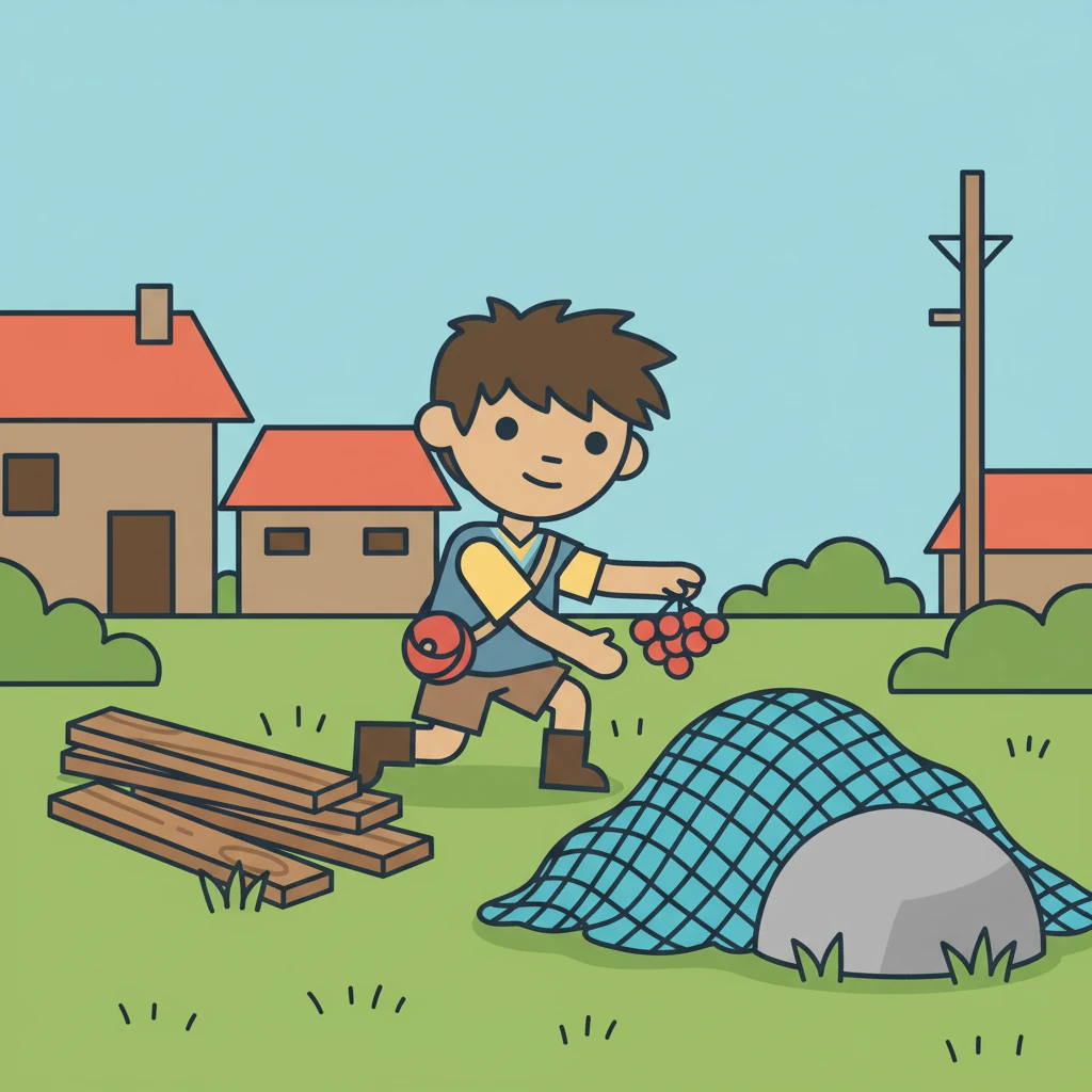 Milo busily collects new materials from around the village. He finds old, discarded fishing nets, represented by simple crisscross lines, and sturdy wooden planks, shown as long brown rectangles. He also gathers more vibrant berries, their round forms a splash of red against the green grass.