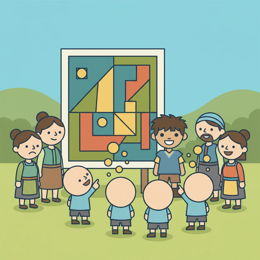 Villagers gather around Milo's artwork. At first, their simple, oval faces show confusion, but as they look closer, smiles begin to appear. Children, their small, round heads tilted, point with delight at the colorful, abstract forms, their laughter depicted as small, floating yellow circles.